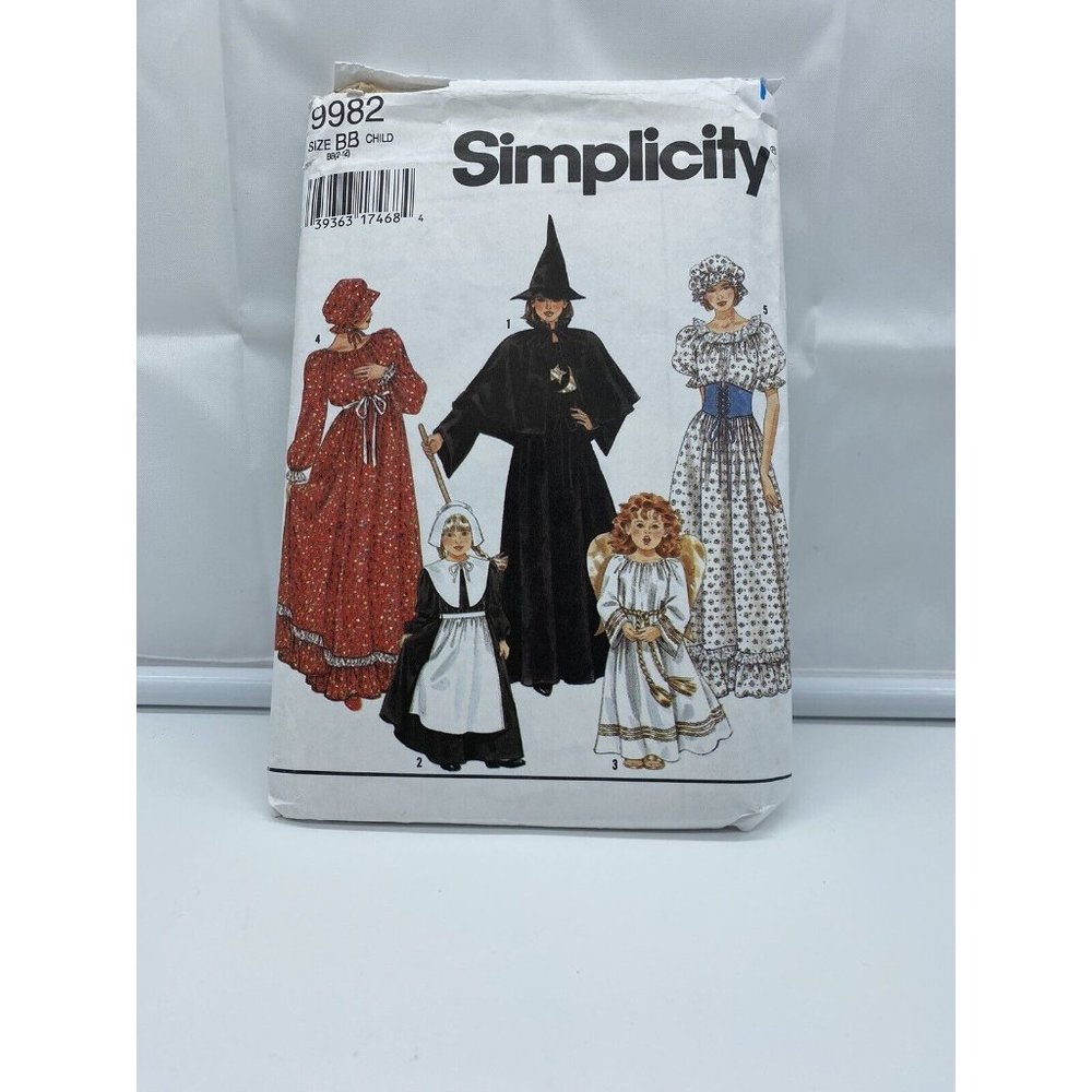 Simplicity 9982 Child Costume Witch Pilgrim Angel Pioneer Girl Sizes 2-12 Cut